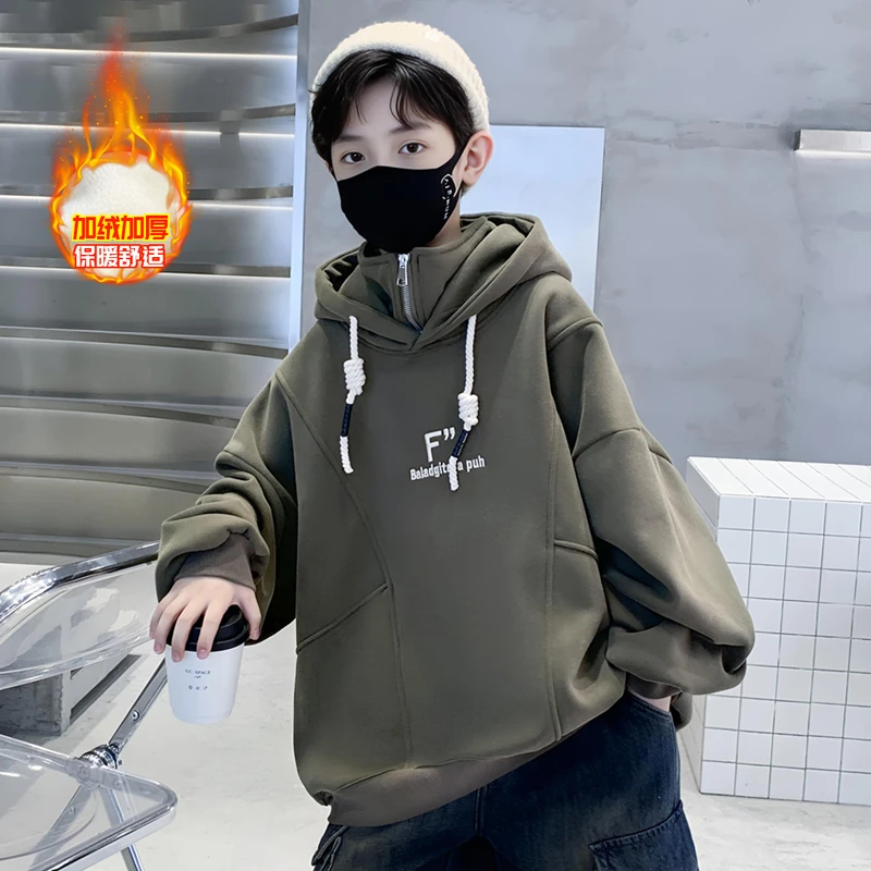 【双领子】男童加绒卫衣连帽秋冬款中大童8-15男童装6-12岁男帅气