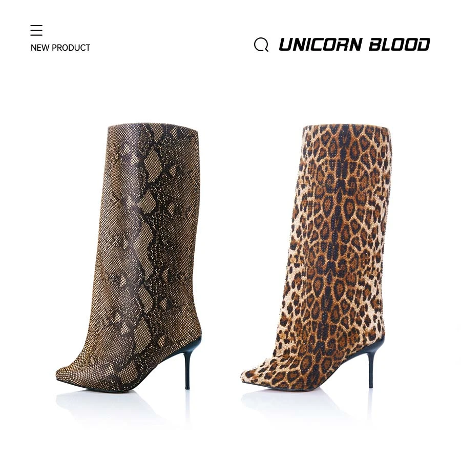 UNICORN BLOOD一体水桶裤管靴亮钻豹纹仿鳞蛇纹欧美秀款高跟靴