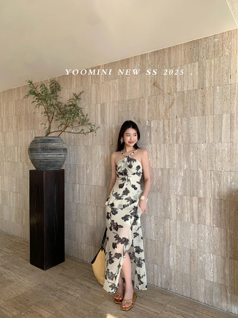 【YOOMINI】16100复古碎花修身气质度假长裙荷叶边连衣裙