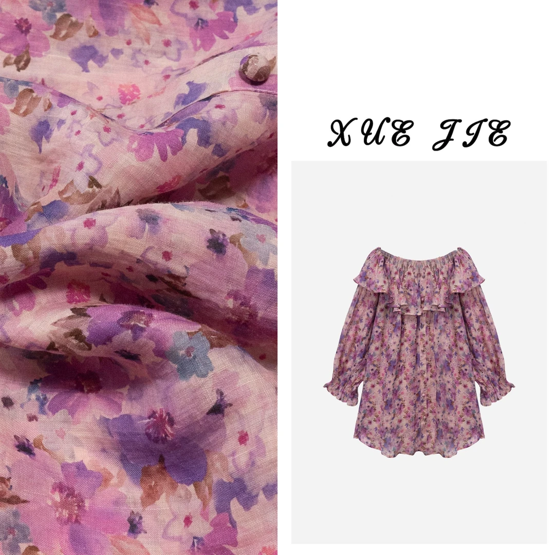 逸焰【雪姐‌丁香粉紫】-90866时尚荷叶领一字肩苎麻宽松显瘦大衫