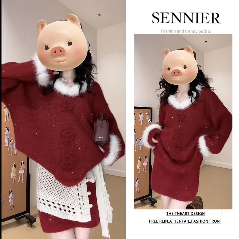 圣诞风温柔穿搭女2025新款红色毛领针织衫上衣百搭屁帘短裙三件套
