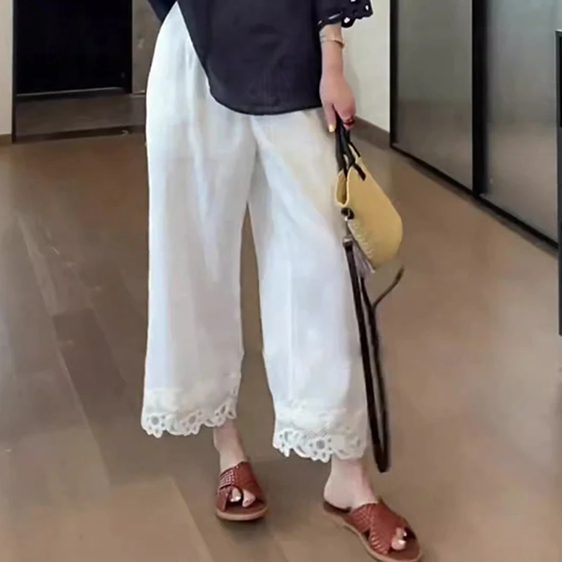 白色蕾丝花边裤脚休闲裤夏季薄款洋气百搭时尚垂坠感显瘦阔腿裤
