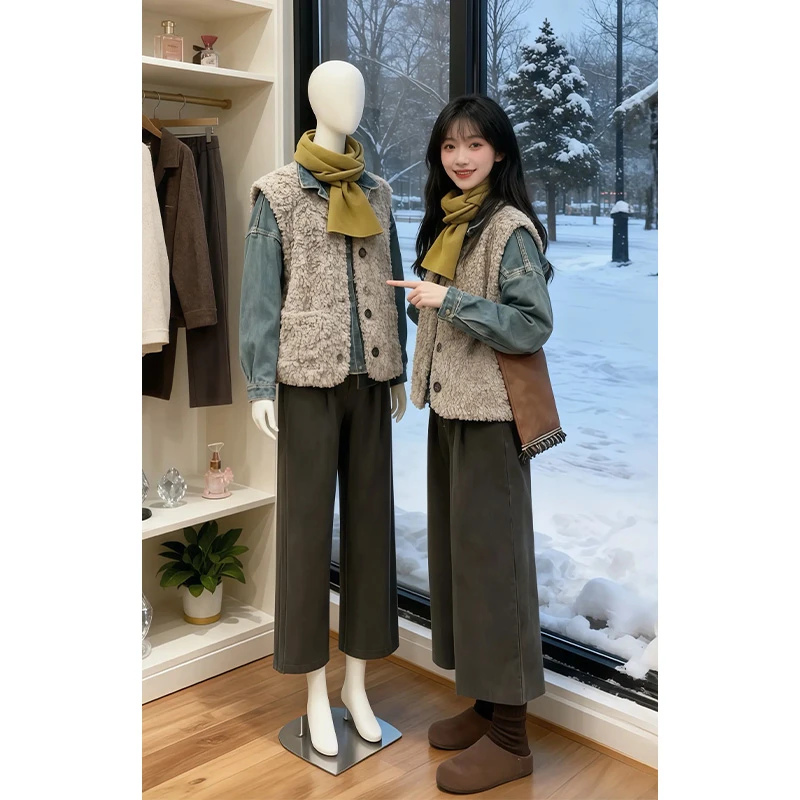 工装风穿搭气质减龄毛毛外套马甲套装女复古牛仔衬衫阔腿裤三件套