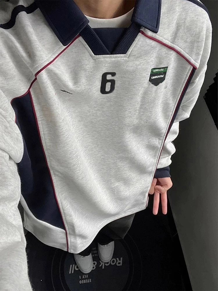 2025美式运动衣服翻领POLO衫男撞色时尚休闲宽松拼接长袖T恤