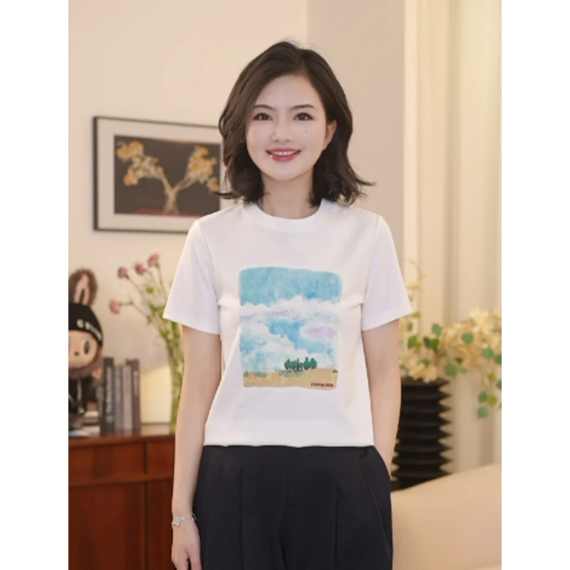枫竺女装阿楠anan圆领印花刺绣百搭短袖T恤女夏季新款体恤上衣
