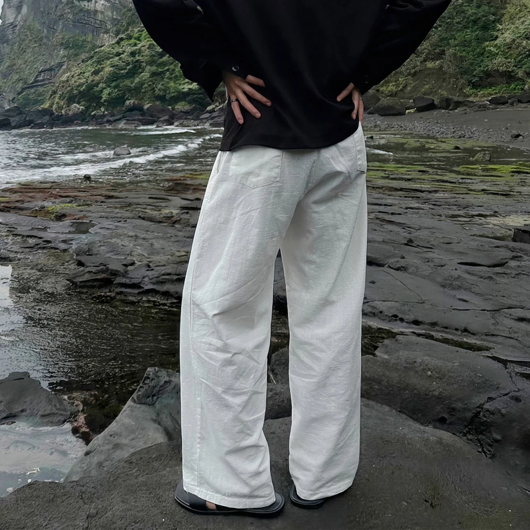 白色亚麻休闲裤男夏季宽松直筒阔腿棉麻长裤韩系松紧腰垂感山本裤