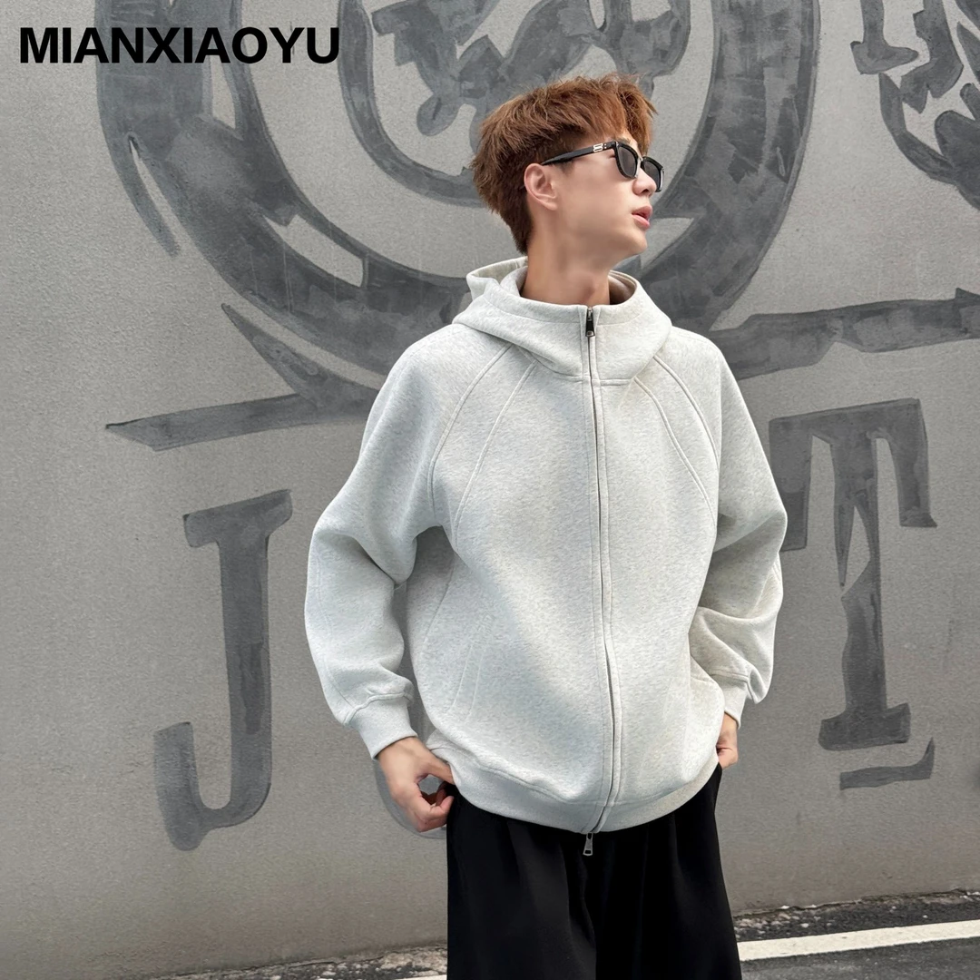 美式重磅拉链外套连帽卫衣复古秋冬男装纯色立领情侣百搭运动开衫