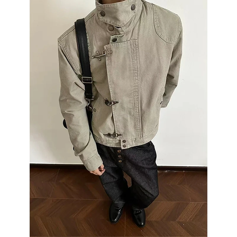 美式巴恩风工装外套男秋季飞机扣立领猎装夹克vintage短款棒球服