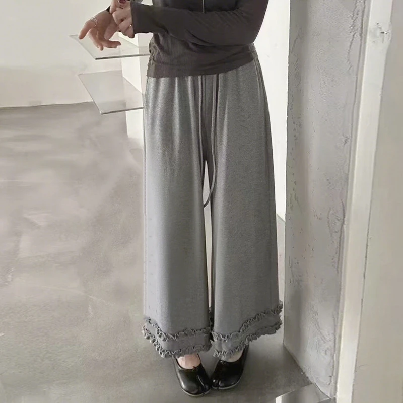 秋季软糯木耳边阔腿裤女宽松垂感灰色糯米裤抽绳遛弯裤百搭休闲裤