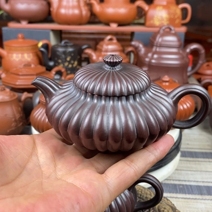 紫砂茶壶筋纹合欢200cc原矿老紫泥还原烧特价