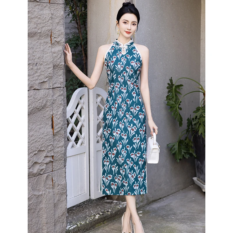 新中式印花旗袍日常夏季无袖气质显瘦复古修身优雅少女时尚中国风