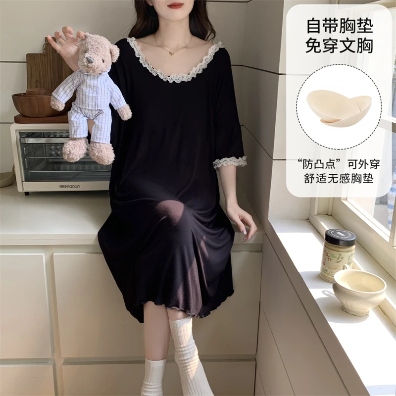 夏季天女士莫代尔带胸垫短袖睡裙蕾丝冰丝凉感孕妇睡衣大码家居服