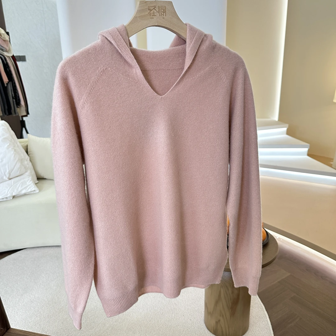 一线成衣桂花针宽松V领100山羊绒套头连帽衫女时尚针织毛衣内搭