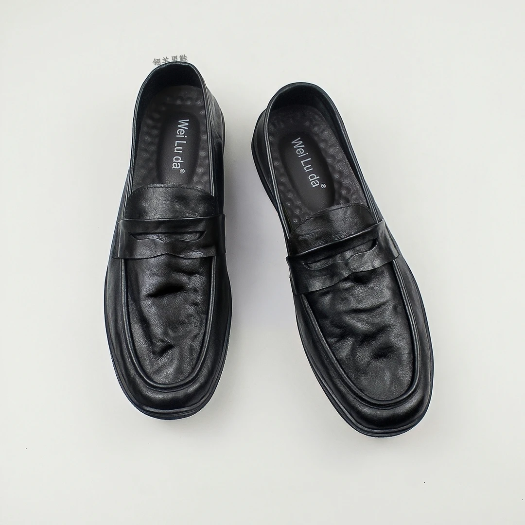 新款头层牛皮休闲男士皮鞋豆豆鞋手抓牛皮懒人鞋一脚蹬单鞋乐福鞋