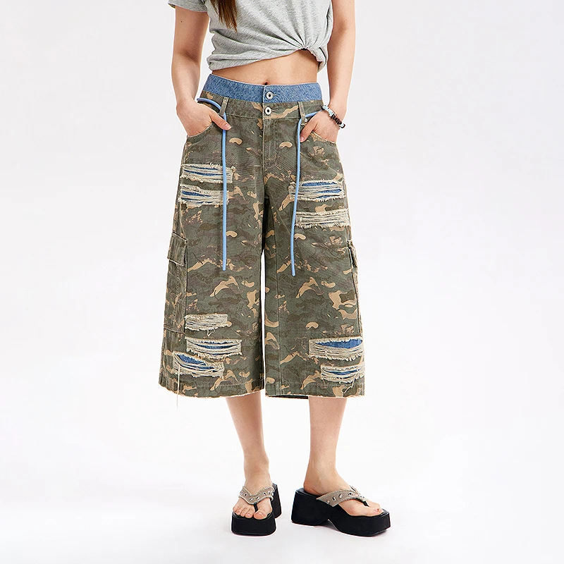 NO ONE ELSE美式复古女装夏季抽绳迷彩破洞阔腿中裤拼接牛仔裤