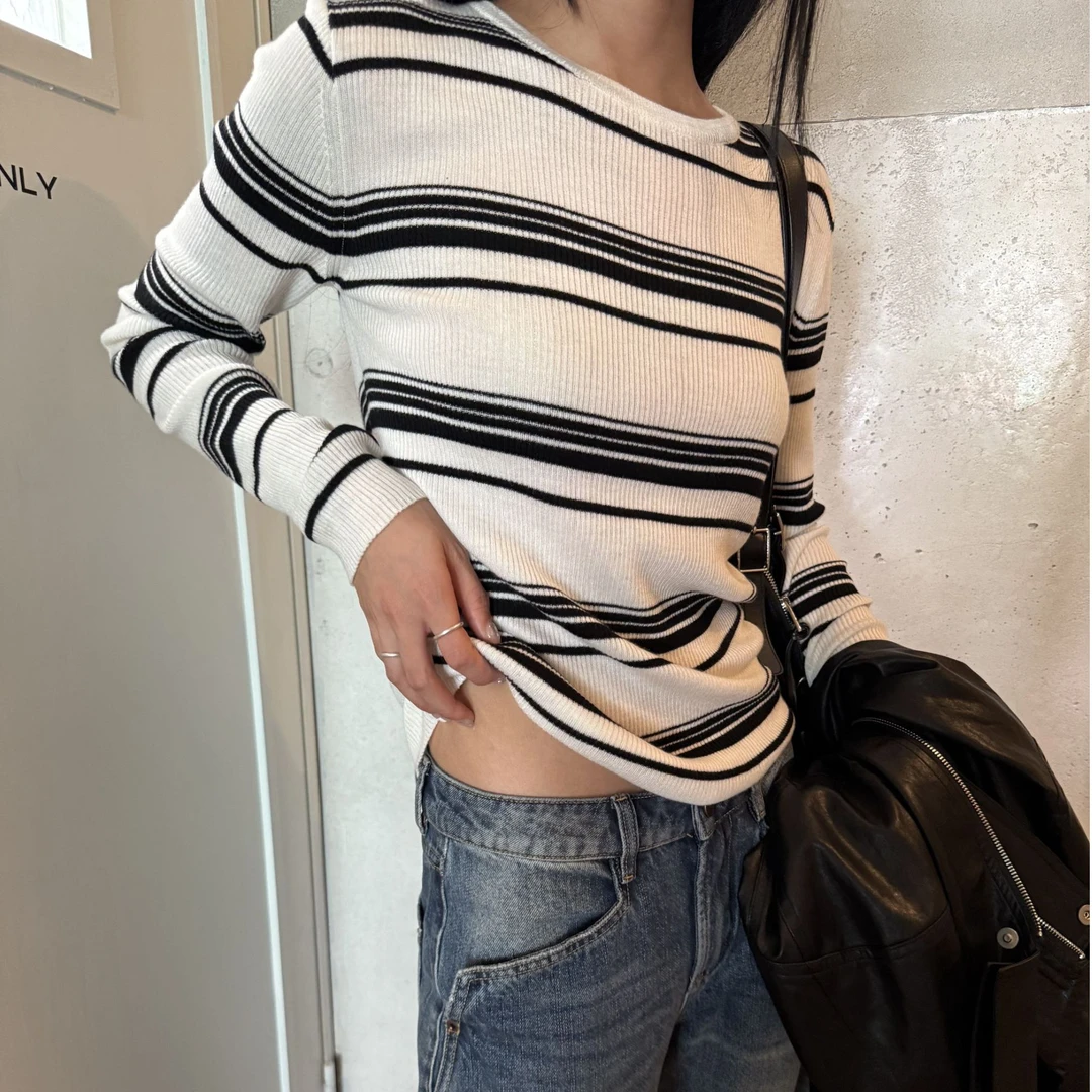 【清】逸语IN choose u笑笑家2025秋季美丽奴羊毛条纹针织衫女85697