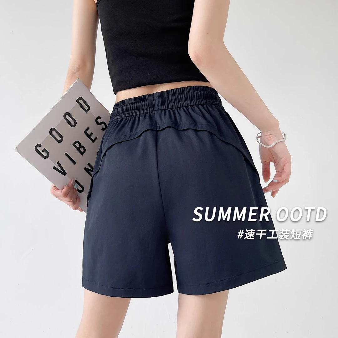 藏青色速干工装短裤女夏季高腰显瘦休闲a字五分运动中裤2025新款