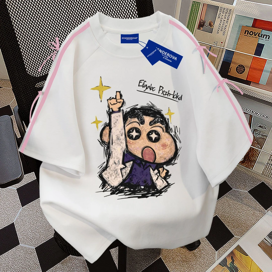 100%纯棉2025年夏季日系潮牌动漫印花短袖t恤女oversize宽松上衣