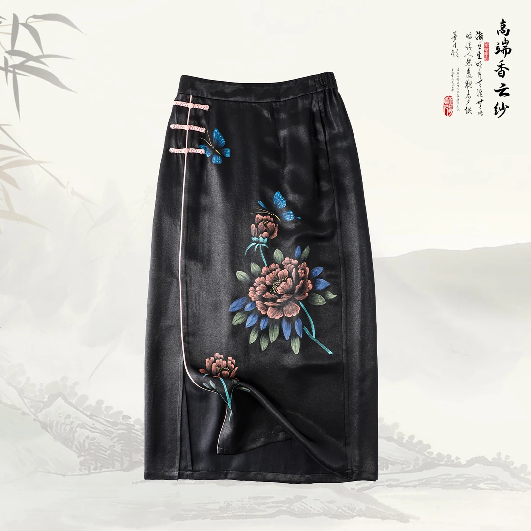 品牌新款香云纱桑蚕丝手绘蝶恋花裙子419306