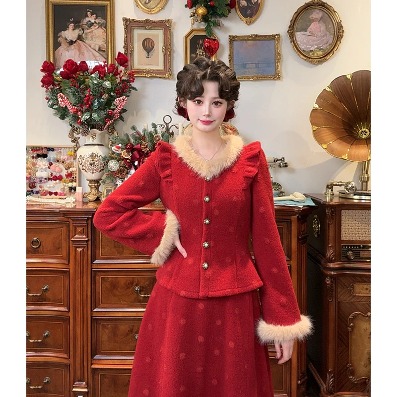 一生罗曼【许愿新年】法式秋冬毛领显瘦红色订婚结婚上衣外套Y5860