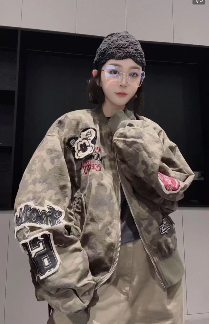 欧货潮牌字母刺绣棒球服外套女2025年春季宽松百搭迷彩夹克上衣
