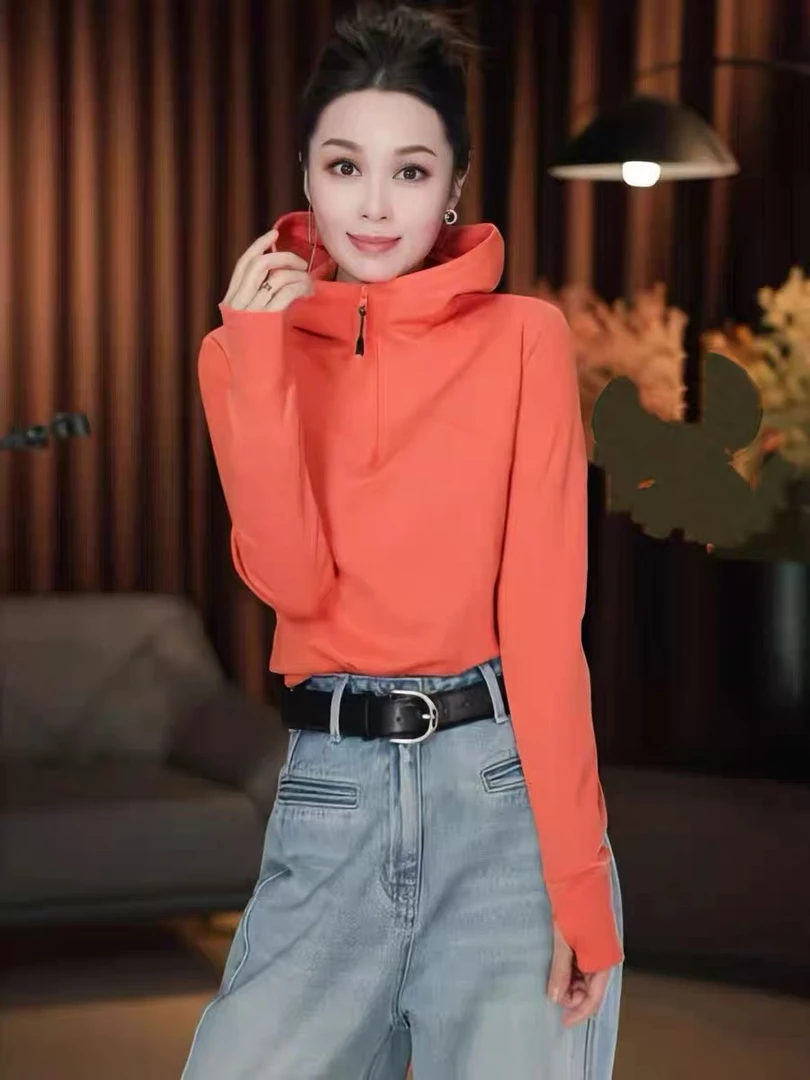 欧货小众设计感半拉链连帽卫衣女春新款显瘦百搭高弹纯色帽衫上衣
