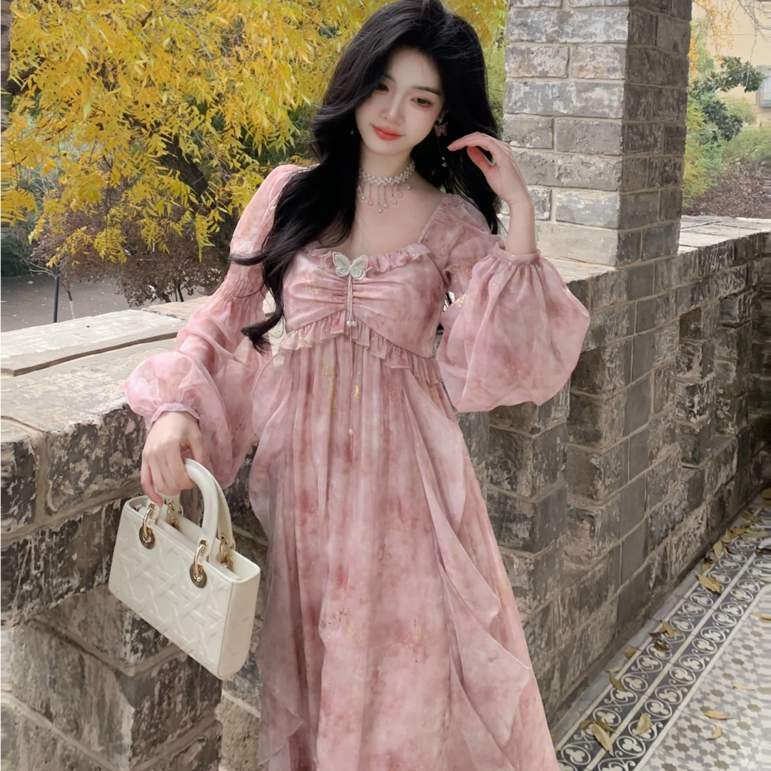 Blovelan甜桃杏蝶 水云粉朦胧晕染印花雪纺海边度假风连衣裙