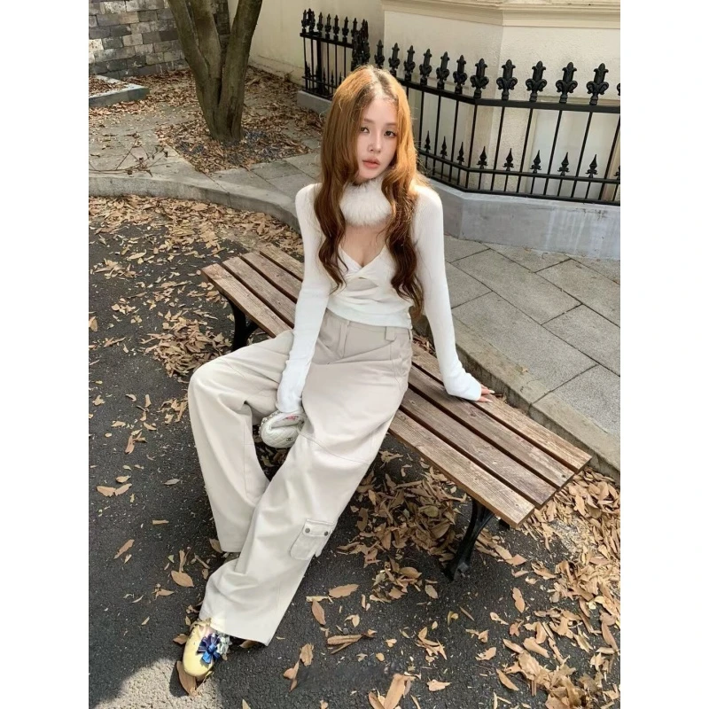 韩系纯欲慵懒风女装简约百搭长袖上衣秋冬高腰时尚百搭阔腿裤套装