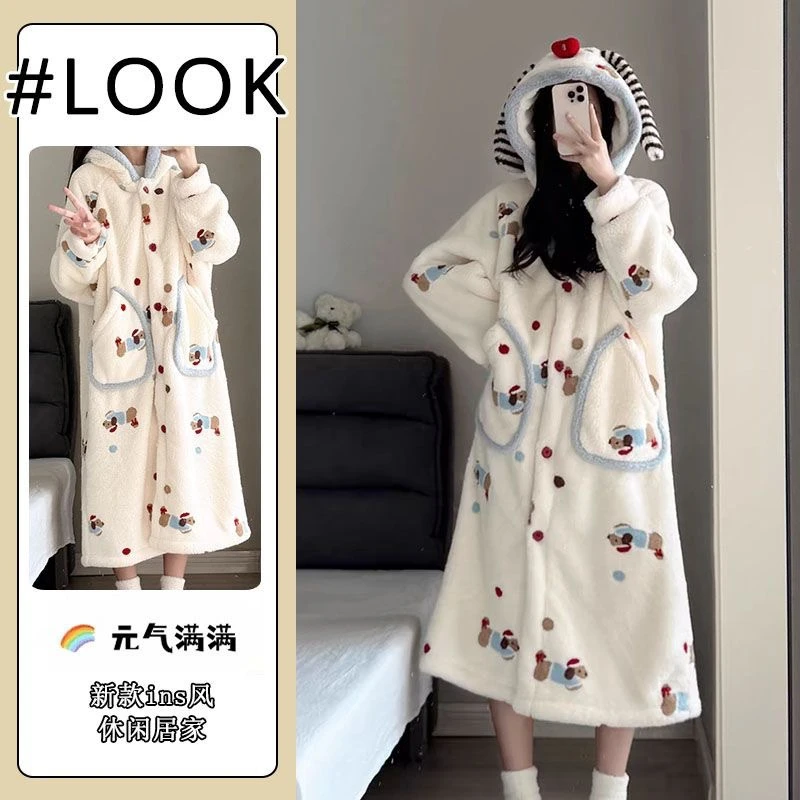 可爱腊肠狗珊瑚绒睡衣女冬季加绒加厚连帽冬天学生睡袍家居服外穿