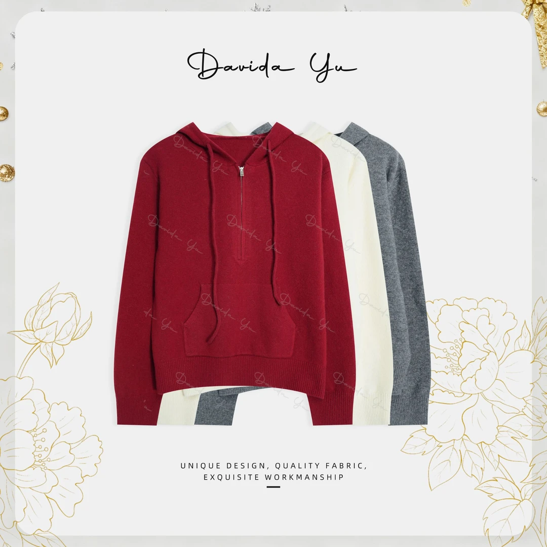 Davida Yu【全羊帽衫】全绵羊毛长袖上衣保暖百搭纯色针织衫73389