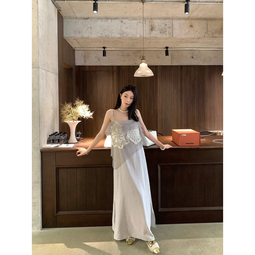 区区欧阳蕾丝网纱吊带连衣裙女夏季新款法式叠穿长裙宽松长款裙子