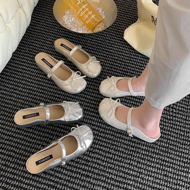 内增高包头半拖鞋女鞋2025夏季外穿温柔玛丽珍芭蕾舞银色单鞋