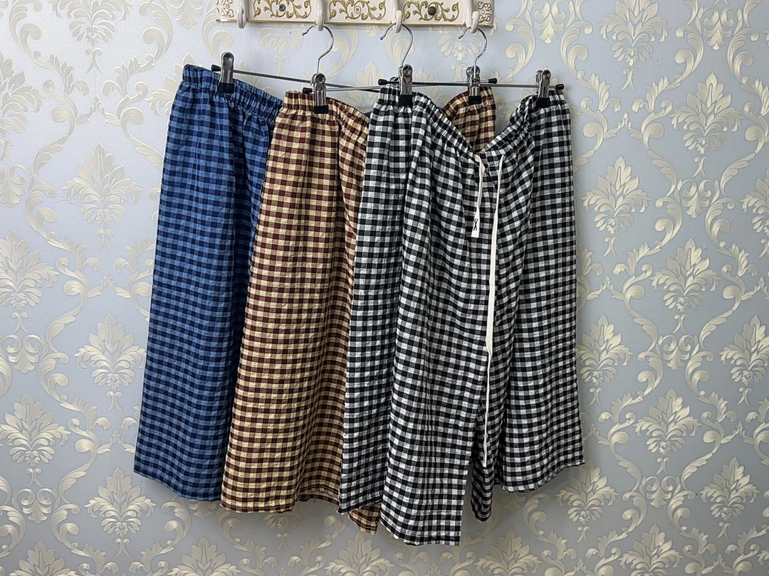 薄款中弹不起球格子阔腿裤休闲裤格子裤复古