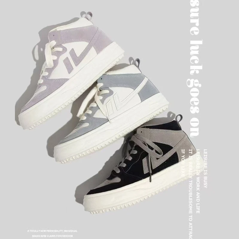 加绒女鞋高帮鞋子女2024秋冬季新款运动鞋学生二棉鞋休闲厚底板鞋