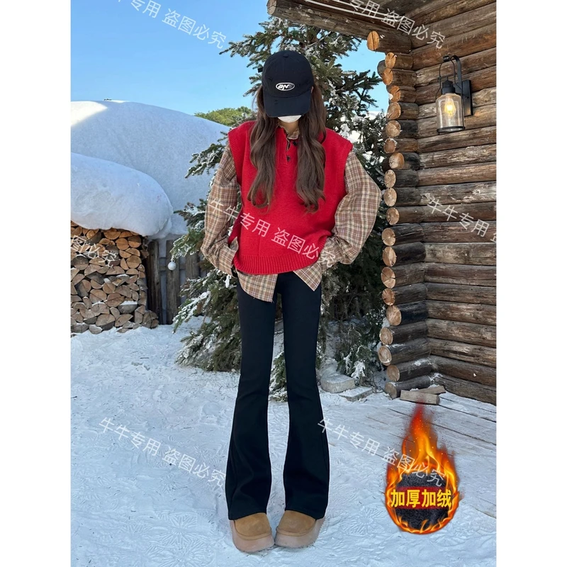 【现货现发】加绒微喇牛仔裤女高腰2025新款冬季显瘦修身加厚喇叭裤