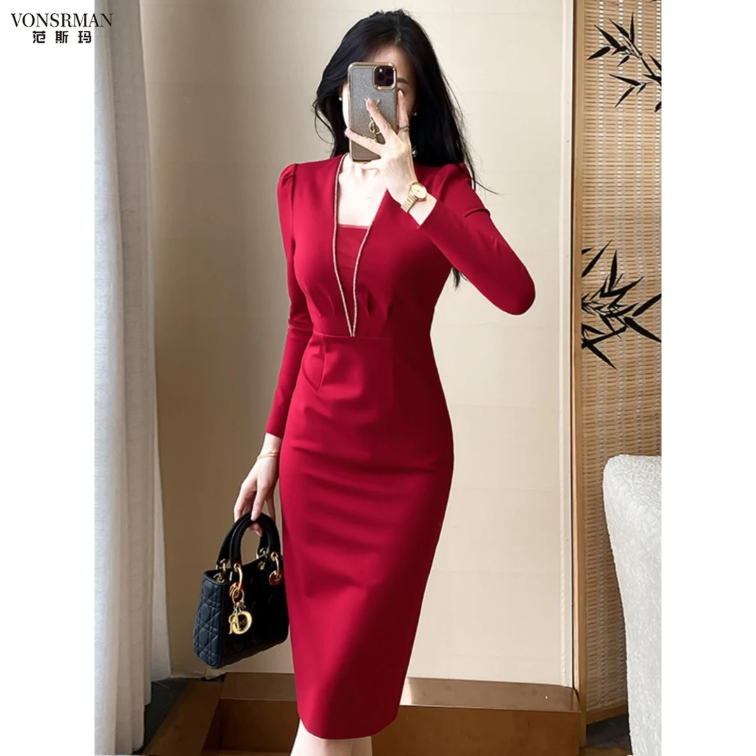 秋装新款红色修身连衣裙小众轻奢高级感气质收腰包臀女人味小红裙