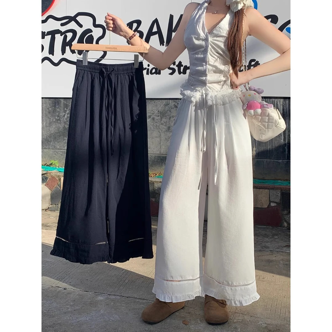 白色阔腿裤女夏薄款2025新款木耳边休闲裤子小个子镂空拼接直筒裤