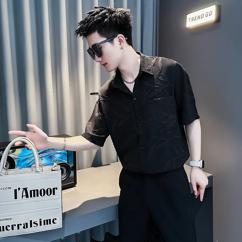 男士刺绣衬衫夏季潮牌短袖衬衣2025新款爆款潮流休闲五分袖寸衫男