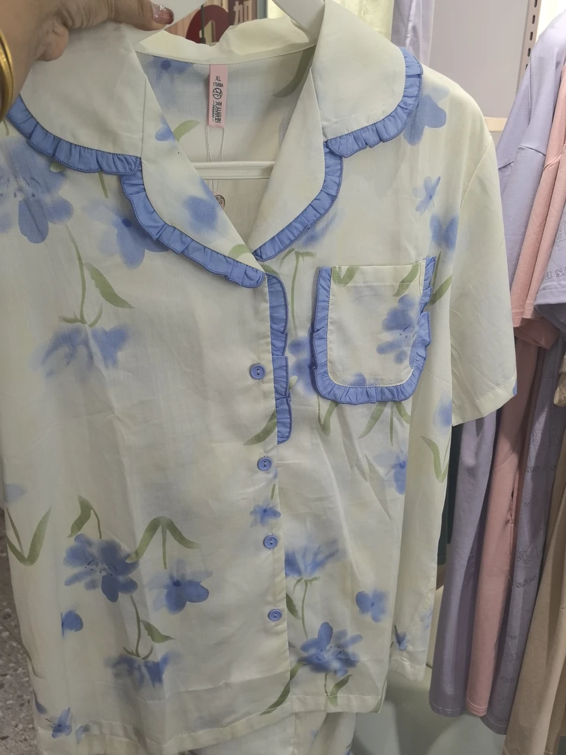 女士夏季薄款棉质开衫短袖短裤睡衣套装时尚可外穿