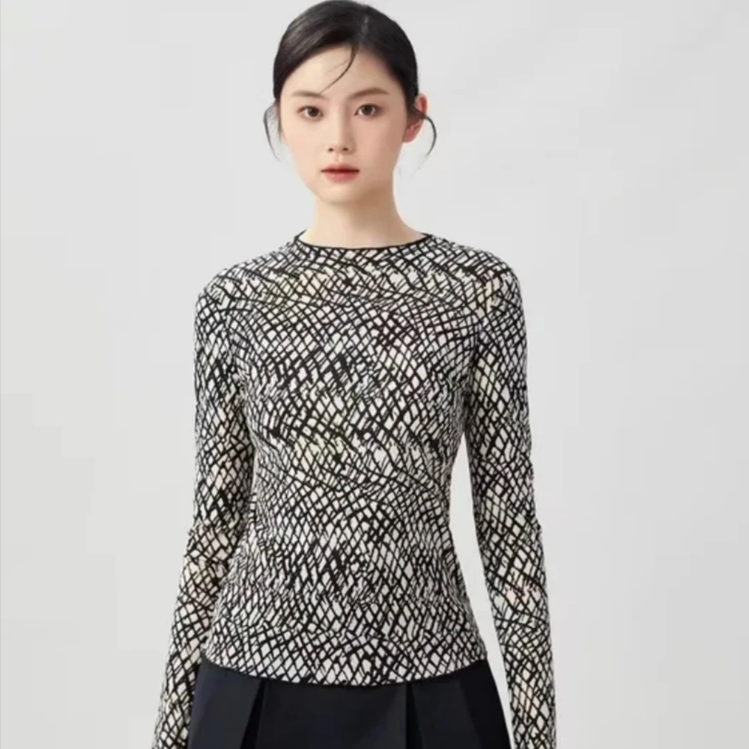 哥弟百搭高弹力丝网衫老钱风烟囱领修身高领长袖T恤打底衫时尚