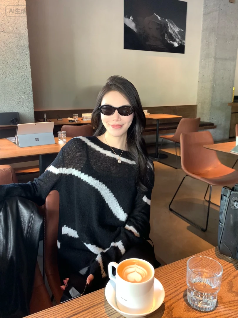 BIG WHITE REMADE“切斜暮色”40羊毛+天丝+羊驼毛撞色打底衫W09072