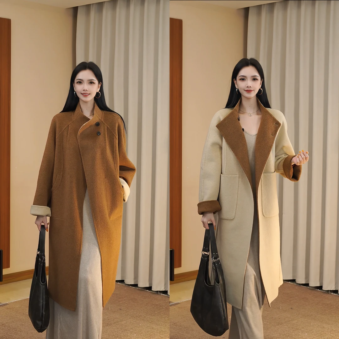 快衣布秋冬双面双穿宽松韩版长款气质羊毛大衣9088