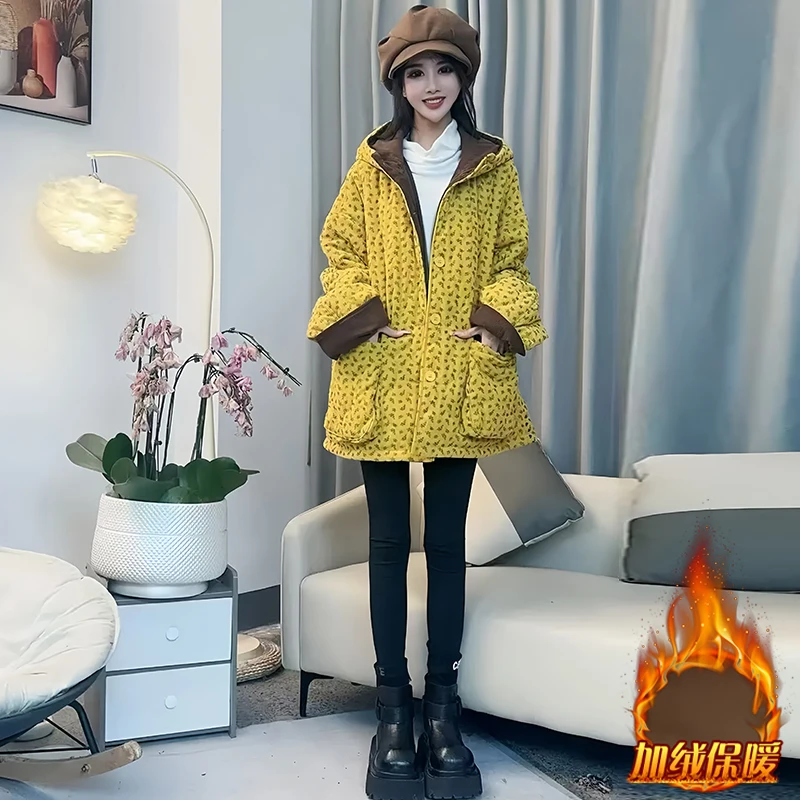 韩版时尚碎花连帽大口袋羽绒棉服女2025冬季新款慵懒风宽松外套