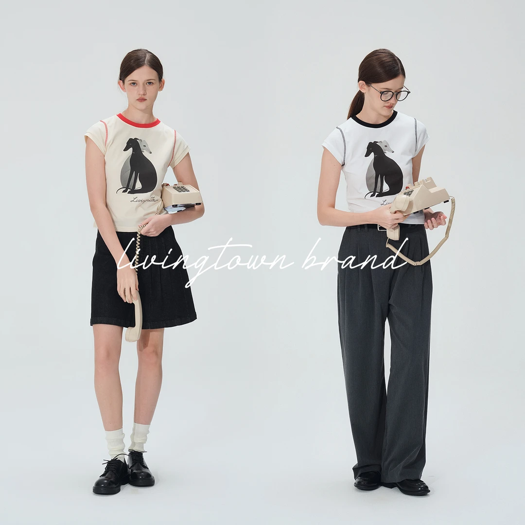 LIVINGTOWN 夏季休闲百搭小飞狗印花复古撞色圆领短袖T恤半袖上衣
