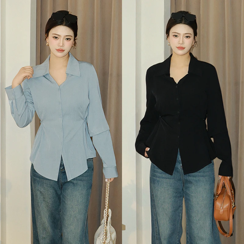 【蓝海之夜】蛋妹大码女装2025新款春秋季胖mm显瘦衬衫上衣DM25027
