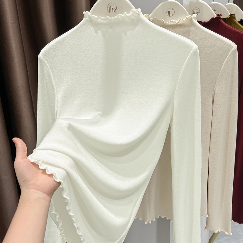 白色木耳边打底衫内搭女秋冬季洋气软糯长袖半高领修身莫代尔上衣