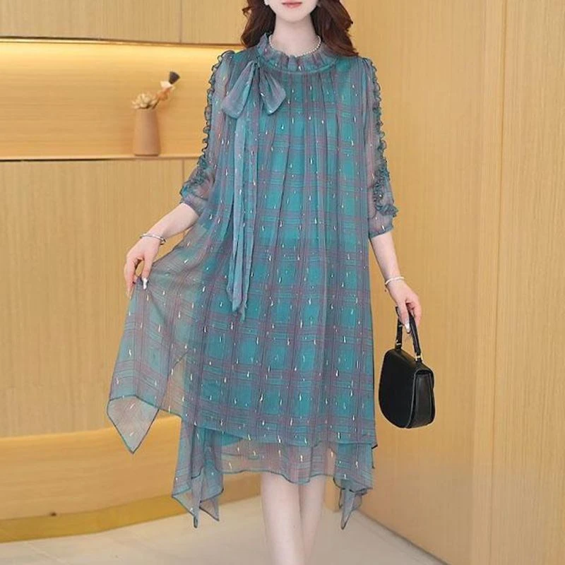 气质2025春季时尚新款雪纺系带印花减龄七分袖连衣裙女