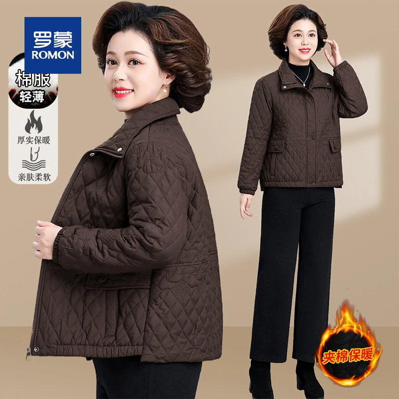 罗蒙妈妈秋冬装轻薄棉服女短款外套韩版休闲大码宽松中老年人棉衣