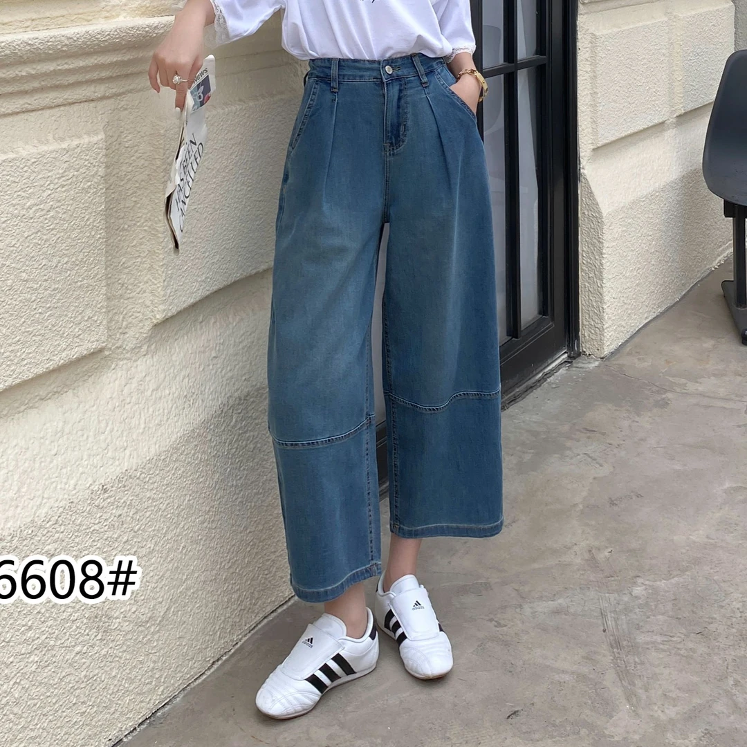 小施家时尚拼接松紧腰休闲牛仔裤6608