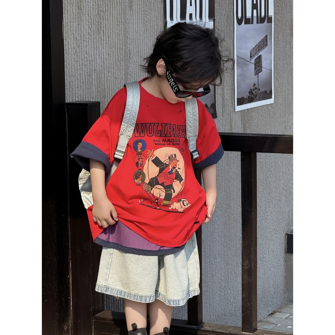 儿童T恤男童短袖25夏款洋气时尚宝宝卡通上衣印花做旧割破潮酷帅